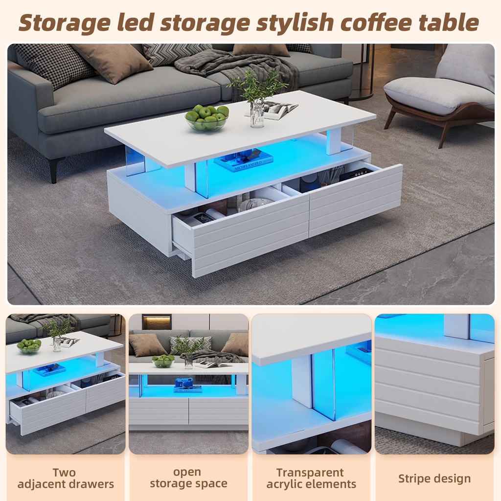Sleek LED Coffee Table with App-Controlled Lighting, 100L x 50W x 42.5H cm, White - Photo 4