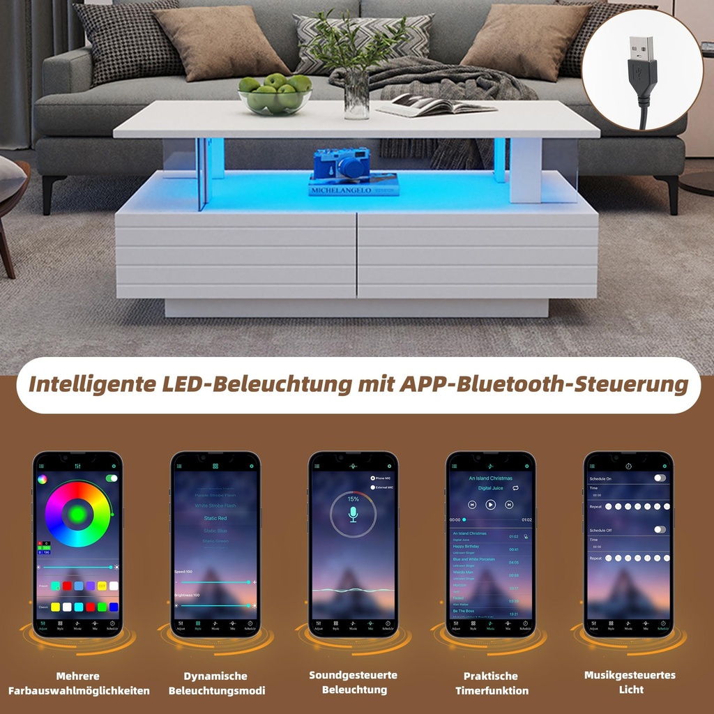 Sleek LED Coffee Table with App-Controlled Lighting, 100L x 50W x 42.5H cm, White - Photo 5