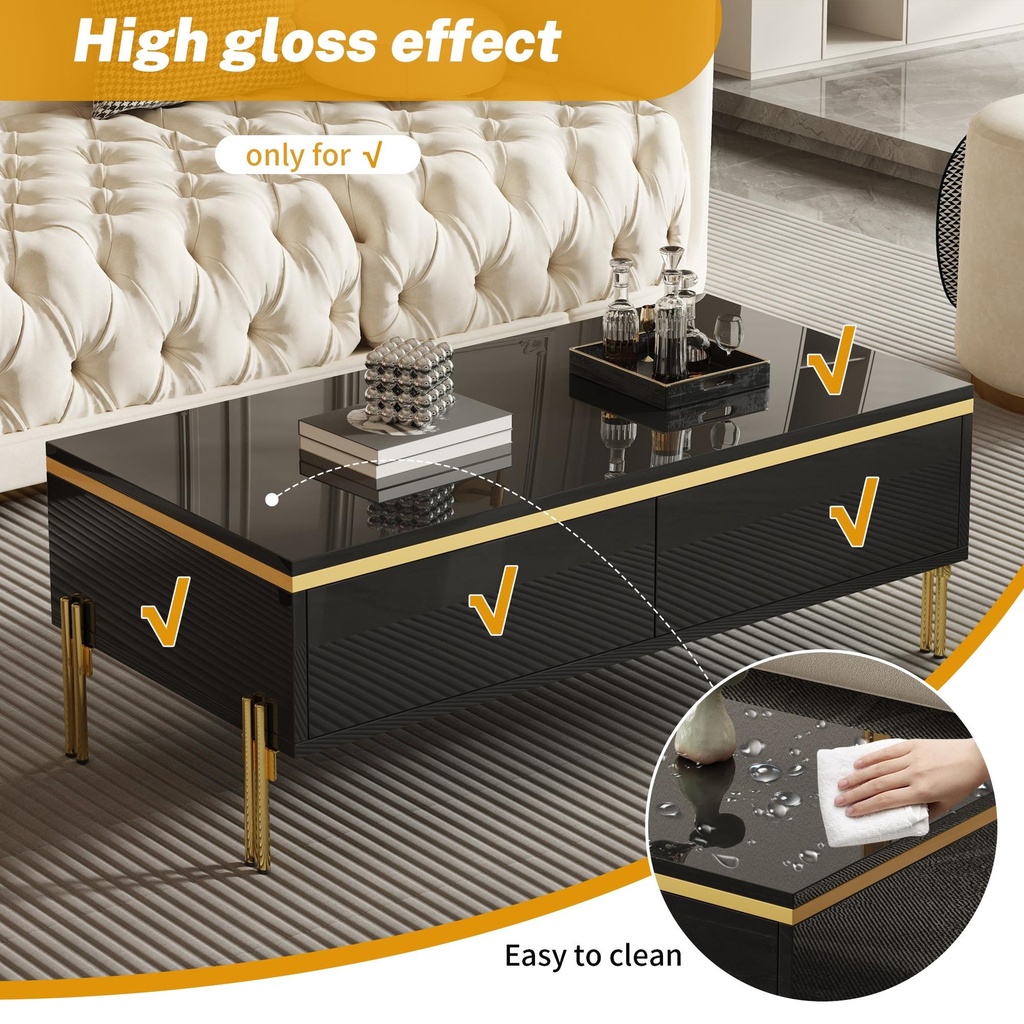 Spacious Coffee Table with 2 Hidden Drawers, 100L x 50W x 36H cm, Black - Photo 4