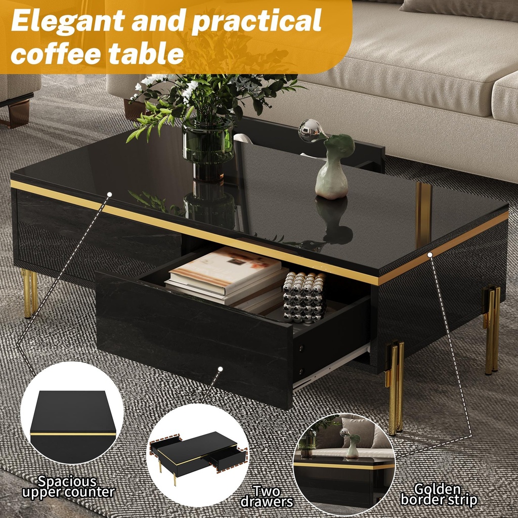 Spacious Coffee Table with 2 Hidden Drawers, 100L x 50W x 36H cm, Black - Photo 5
