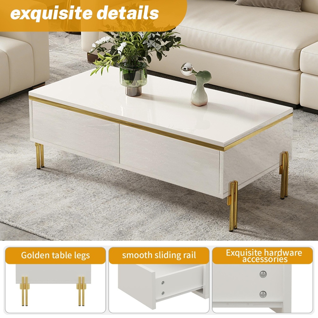 Spacious Coffee Table with 2 Hidden Drawers, 100L x 50W x 36H cm, White - Photo 4