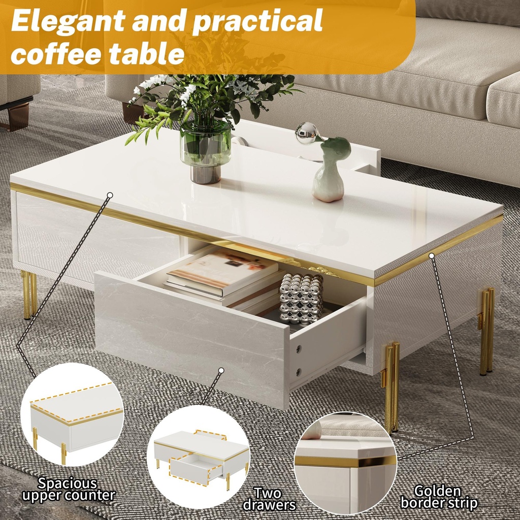 Spacious Coffee Table with 2 Hidden Drawers, 100L x 50W x 36H cm, White - Photo 5