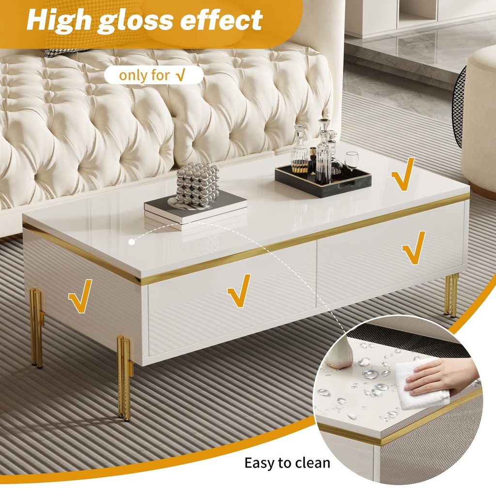 Spacious Coffee Table with 2 Hidden Drawers, 100L x 50W x 36H cm, White - Photo 6
