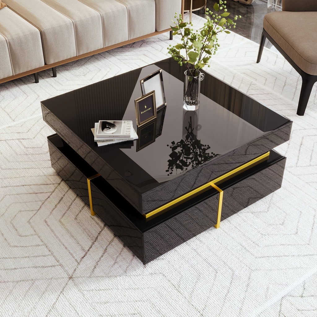 High-Gloss Coffee Table with Gold Accents, Black - Photo 4