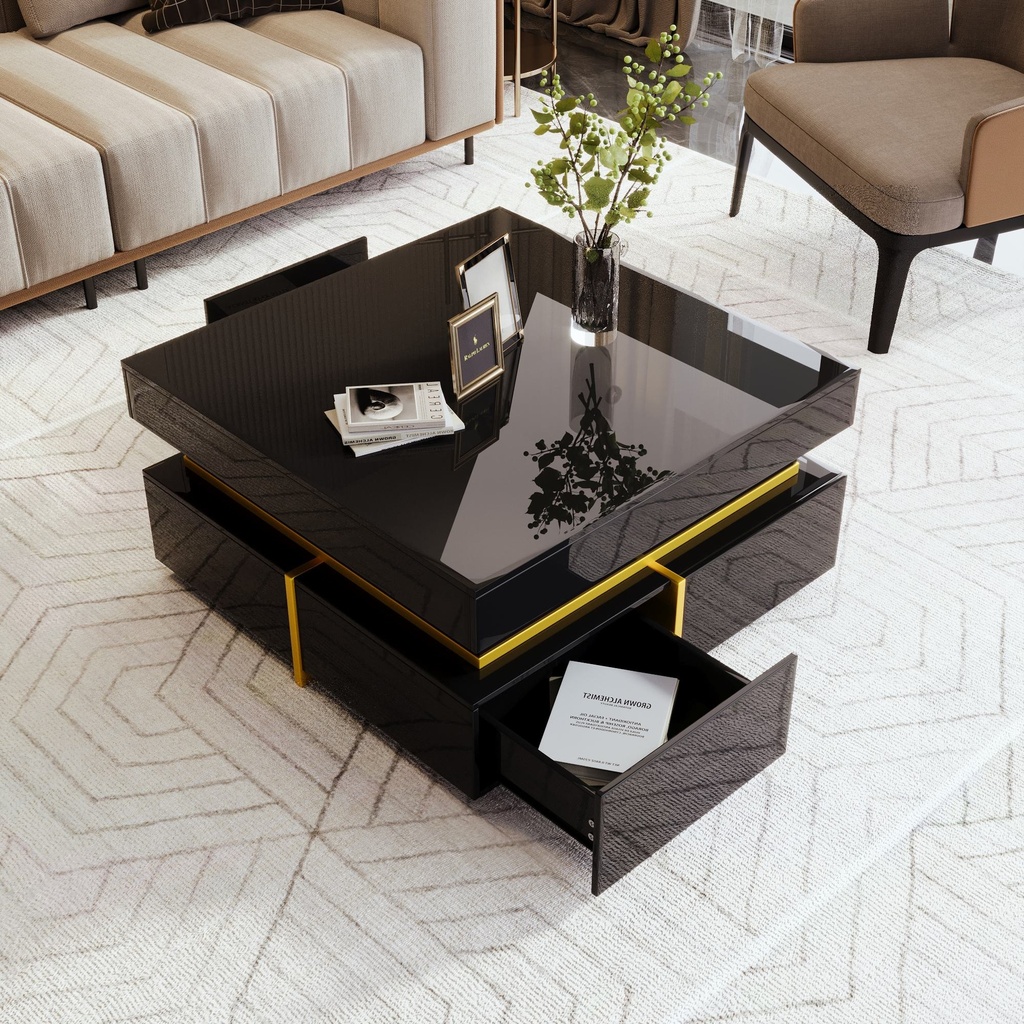 High-Gloss Coffee Table with Gold Accents, Black - Photo 5