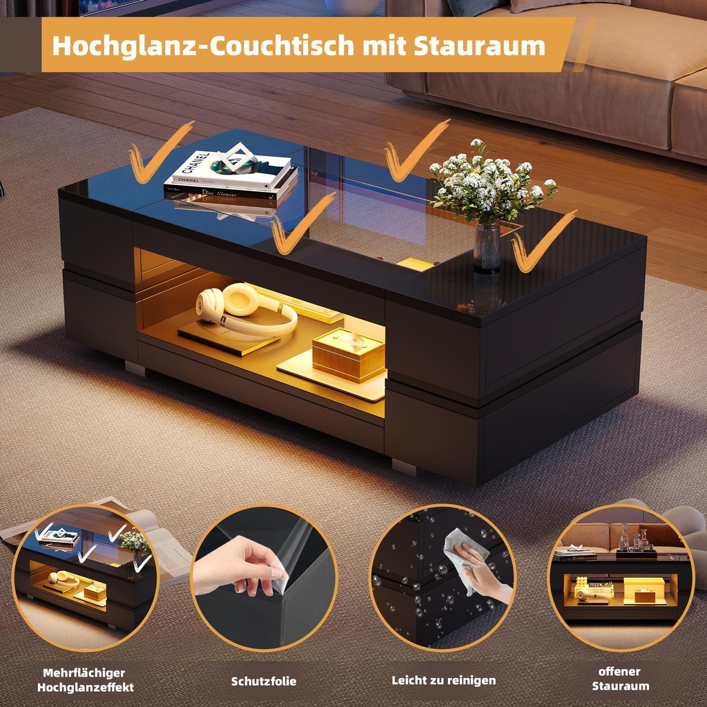 Modern LED Hollow Coffee Table with App-Controlled Light Strip, Black - Photo 5