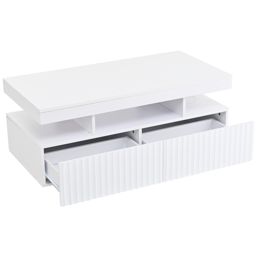 Modern Coffee Table with App-Controlled LED and Two Ribbed Drawers, 100L x 50W x 45H cm, White - Photo 2