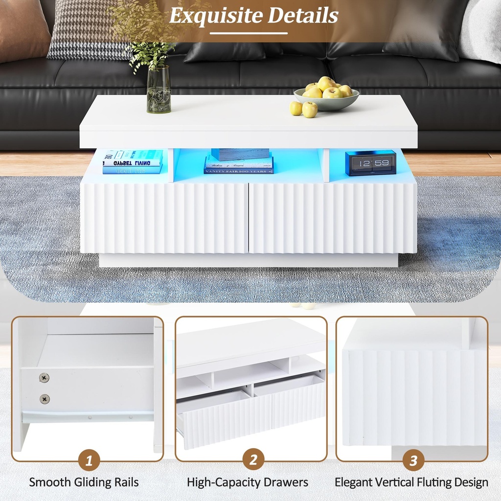 Modern Coffee Table with App-Controlled LED and Two Ribbed Drawers, 100L x 50W x 45H cm, White - Photo 4