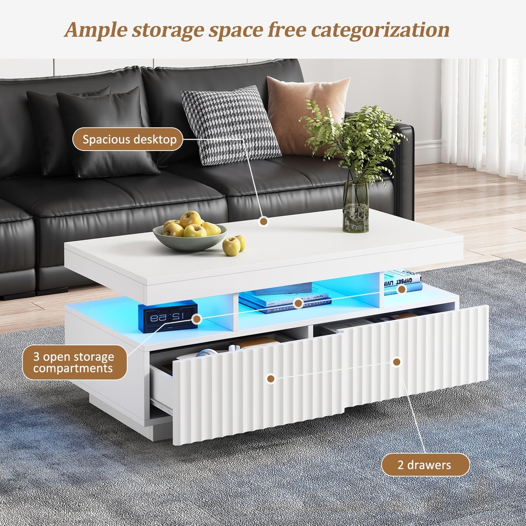 Modern Coffee Table with App-Controlled LED and Two Ribbed Drawers, 100L x 50W x 45H cm, White - Photo 5