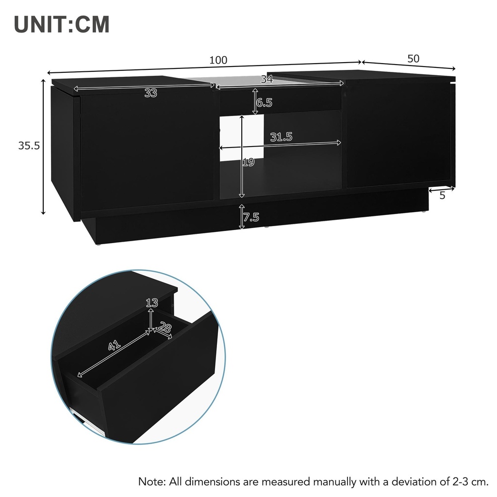 Modern 2-Tier Design LED Coffee Table with Storage, Black - Photo 3