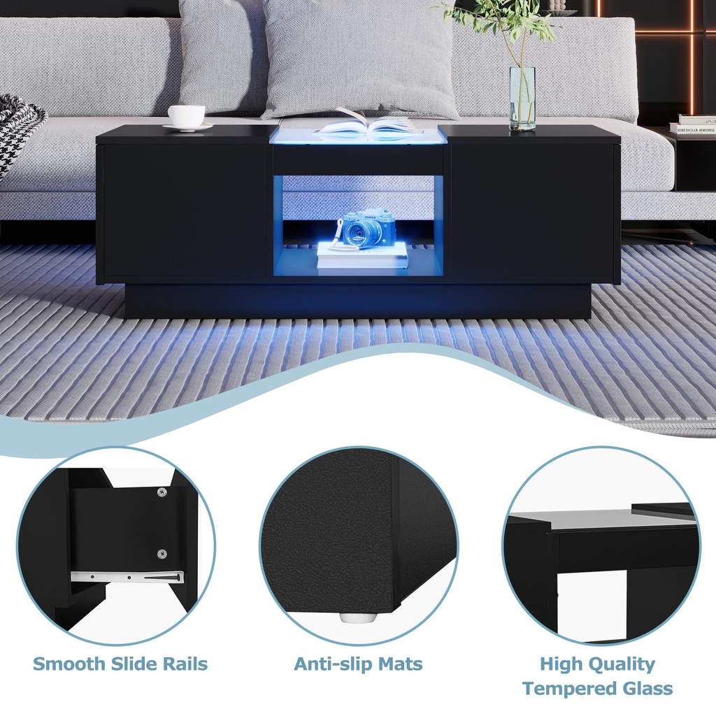 Modern 2-Tier Design LED Coffee Table with Storage, Black - Photo 4