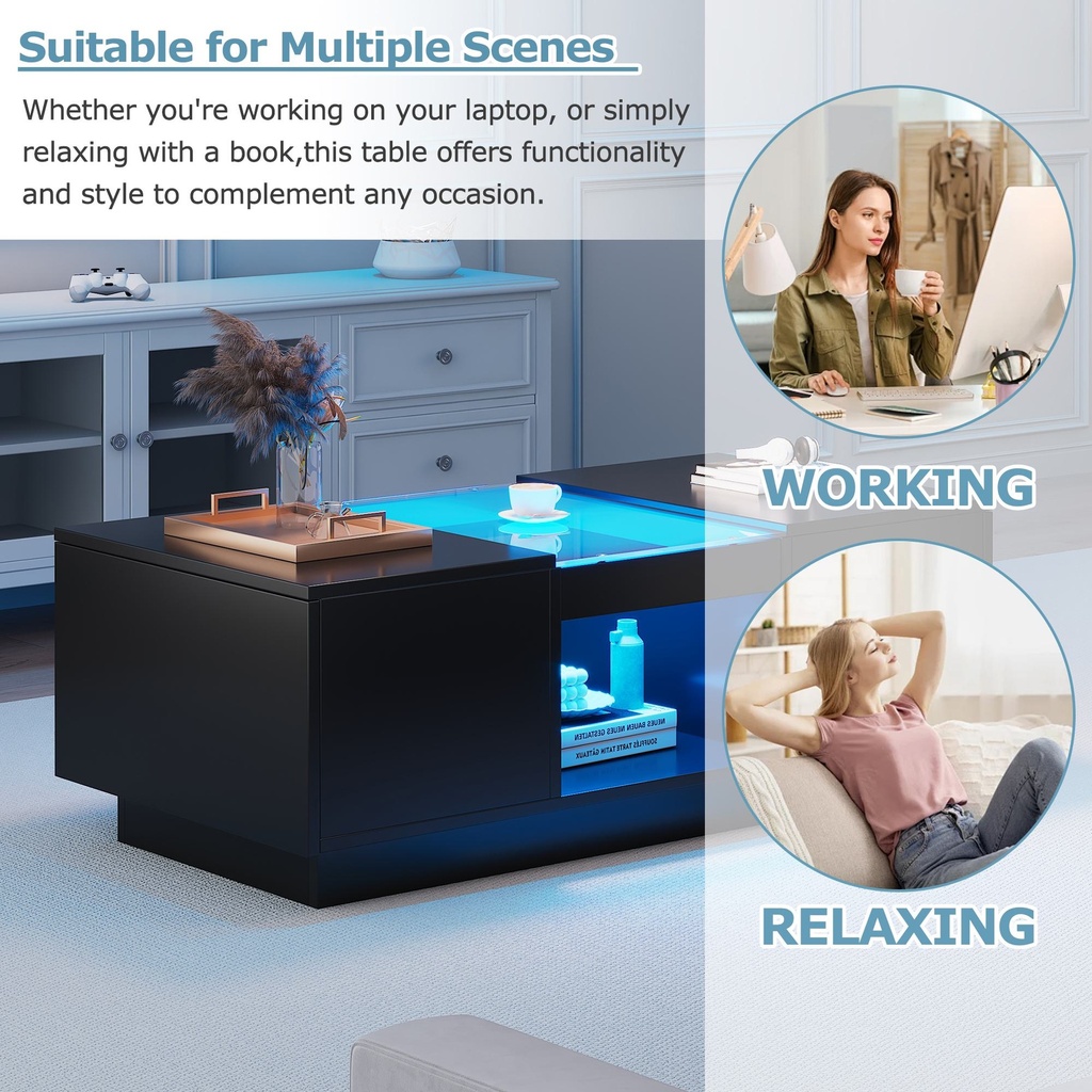 Modern 2-Tier Design LED Coffee Table with Storage, Black - Photo 5