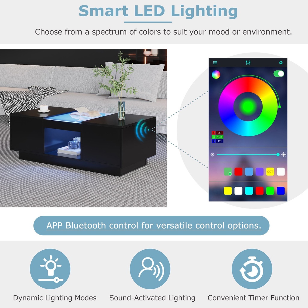 Modern 2-Tier Design LED Coffee Table with Storage, Black - Photo 6