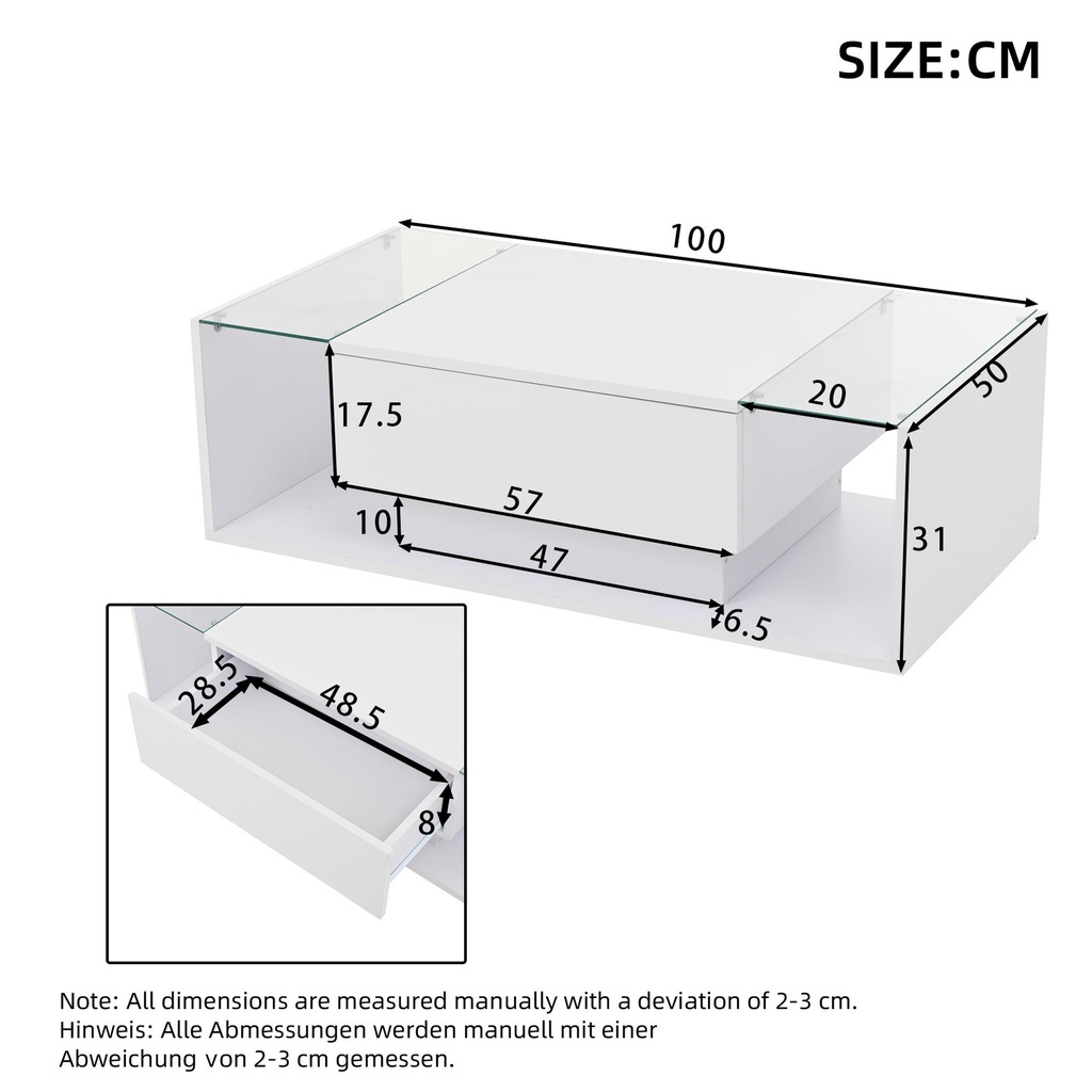 High-Gloss Coffee Table with a Drawer and Semi-Open Storage, 100L x 50W x 31H cm, White - Photo 3