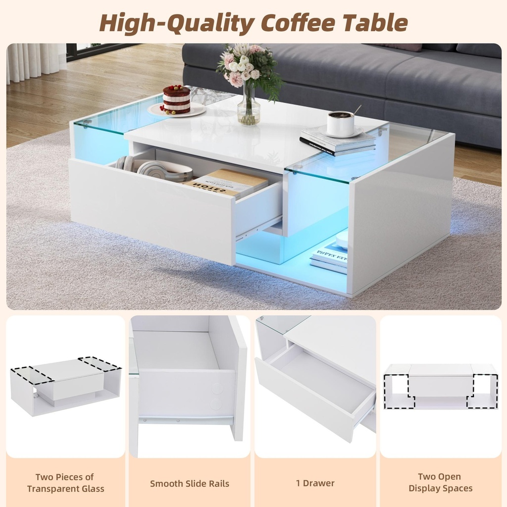 High-Gloss Coffee Table with a Drawer and Semi-Open Storage, 100L x 50W x 31H cm, White - Photo 4