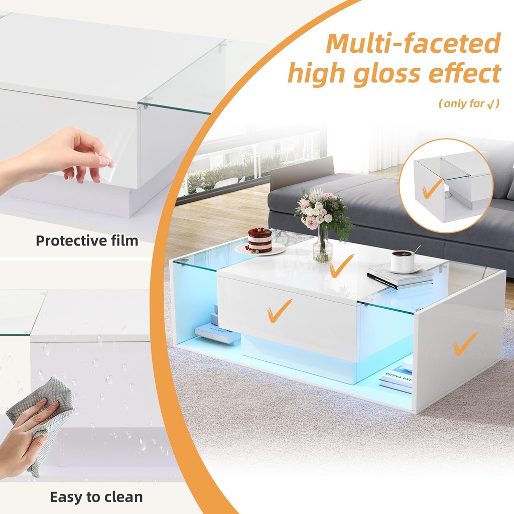 High-Gloss Coffee Table with a Drawer and Semi-Open Storage, 100L x 50W x 31H cm, White - Photo 5