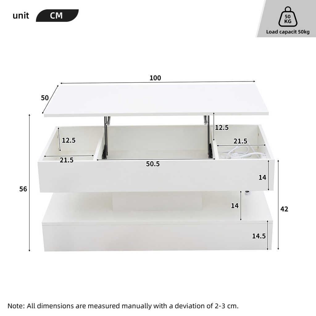 Modern Coffee Table with Bluetooth-Controlled LED Lighting, 100L x 50W x 42H cm, White - Photo 3