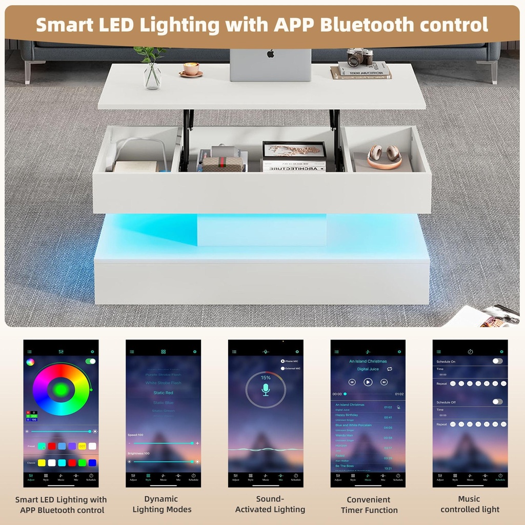 Modern Coffee Table with Bluetooth-Controlled LED Lighting, 100L x 50W x 42H cm, White - Photo 5