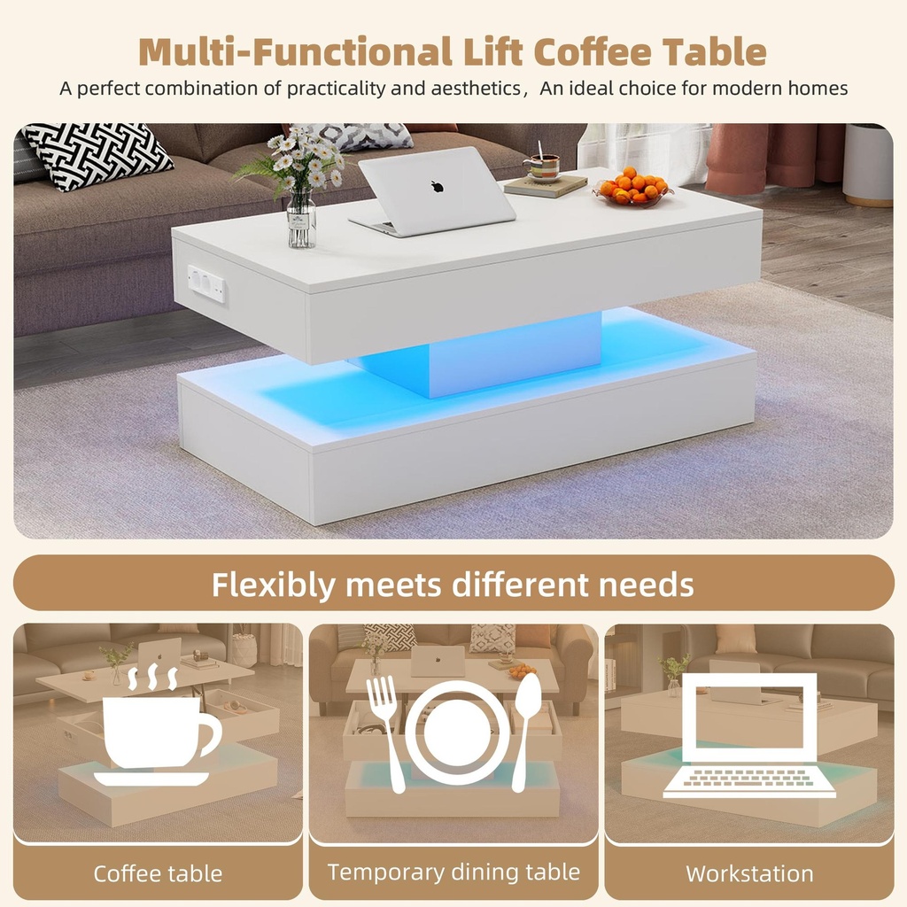 Modern Coffee Table with Bluetooth-Controlled LED Lighting, 100L x 50W x 42H cm, White - Photo 6