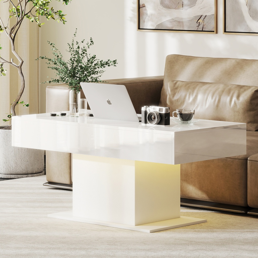 HOMCOM Extendable Coffee Table Storage LED High Gloss White - Photo 2
