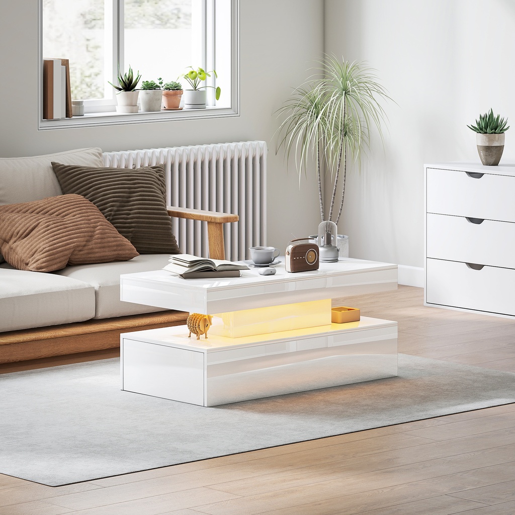 HOMCOM LED Coffee Table with Storage High Gloss White - Photo 2