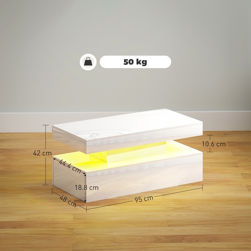 HOMCOM LED Coffee Table with Storage High Gloss White - Photo 3