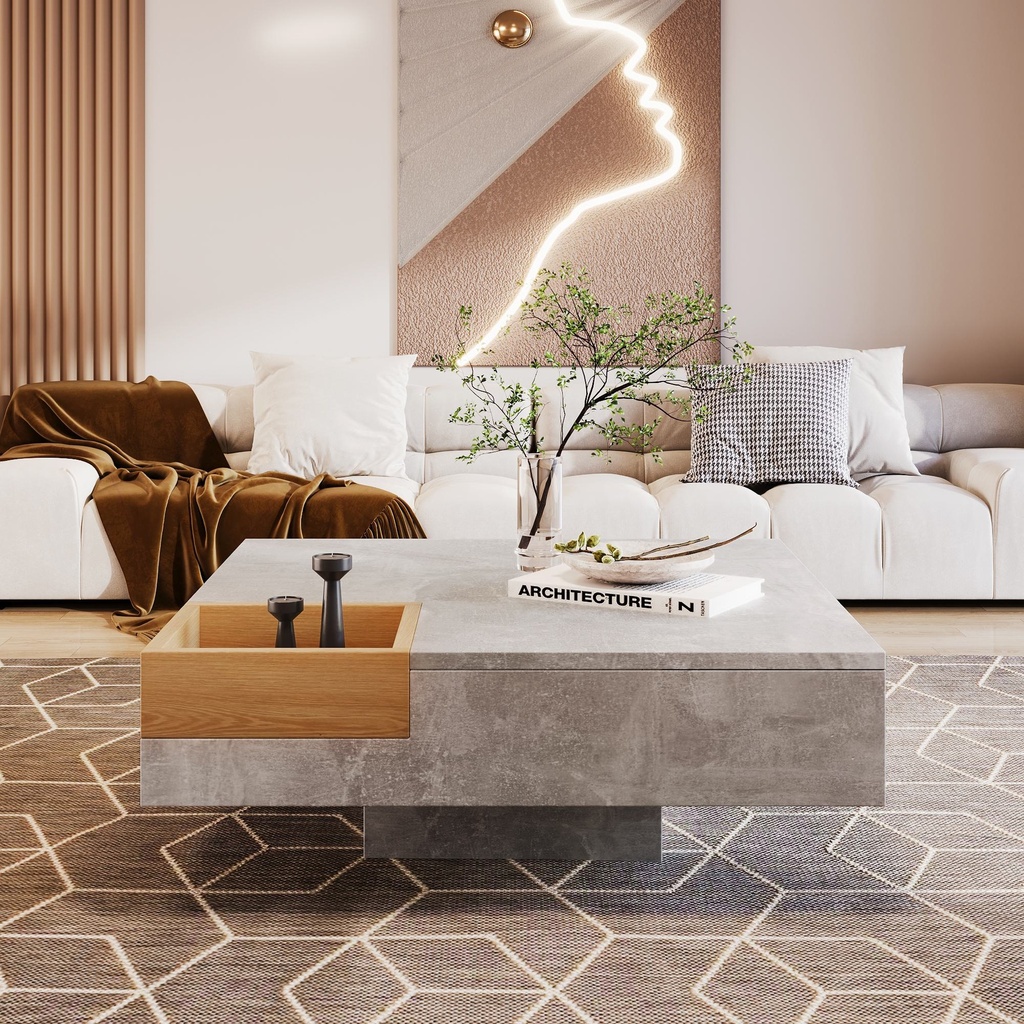 Modern Marble Design Coffee Table with Storage Box, Grey - Photo 4
