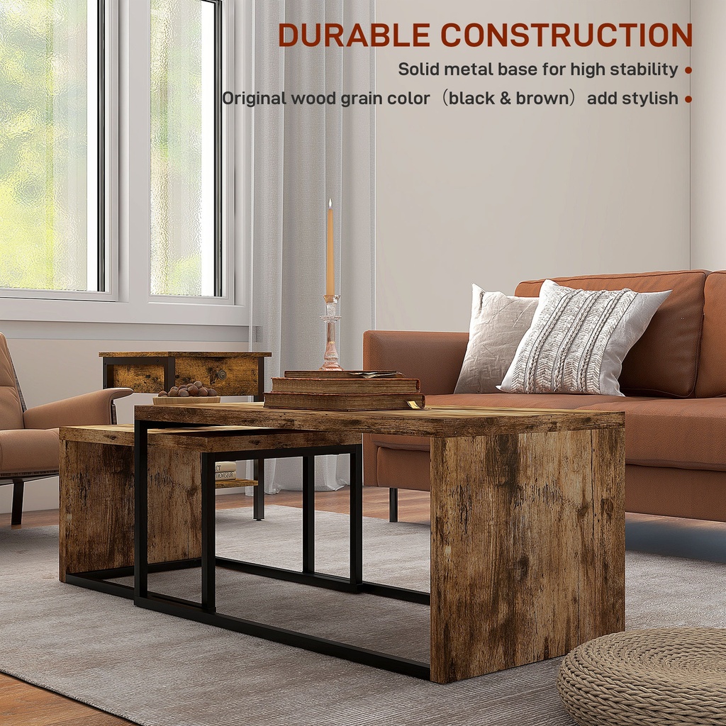 HOMCOM Nesting Coffee Tables Set of 2 Metal Frame Black/Brown - Photo 5