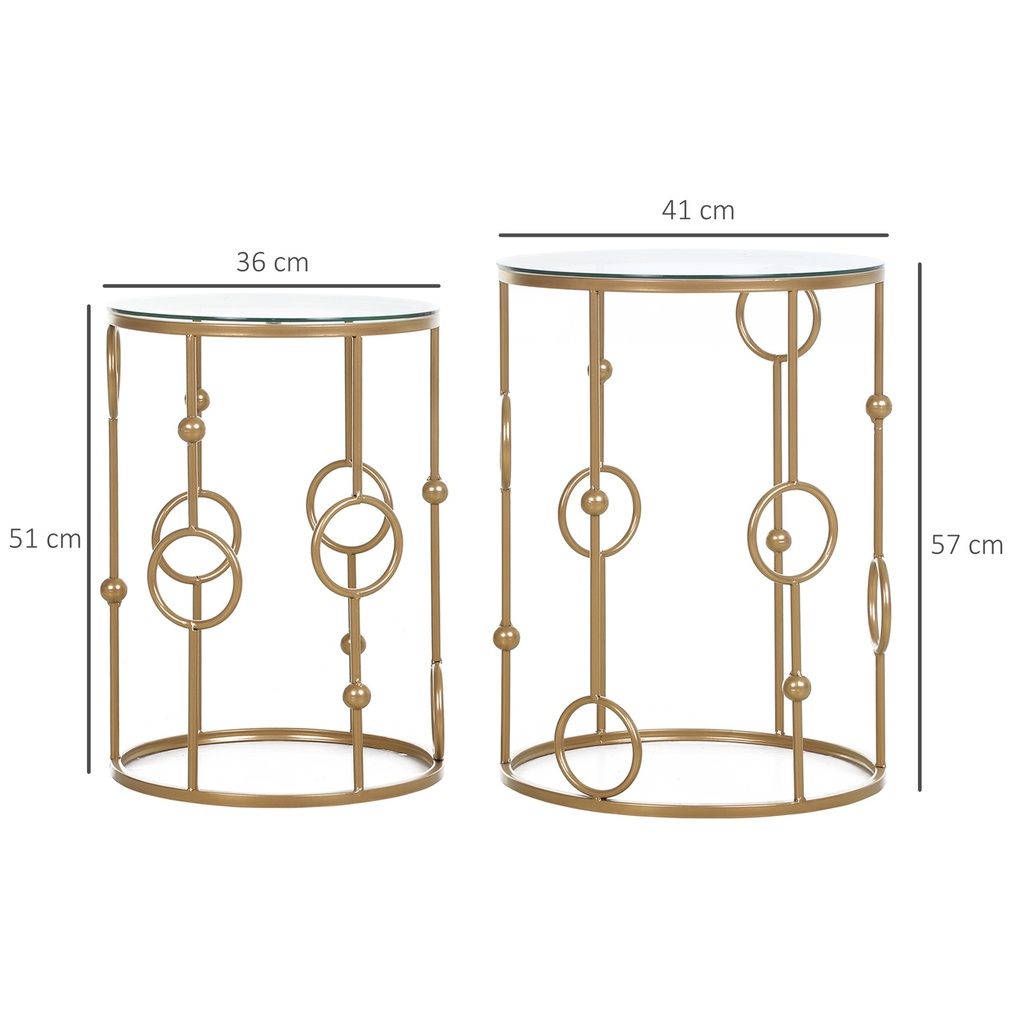 HOMCOM Round Coffee Tables Set of 2 Gold Steel Glass Top - Photo 3