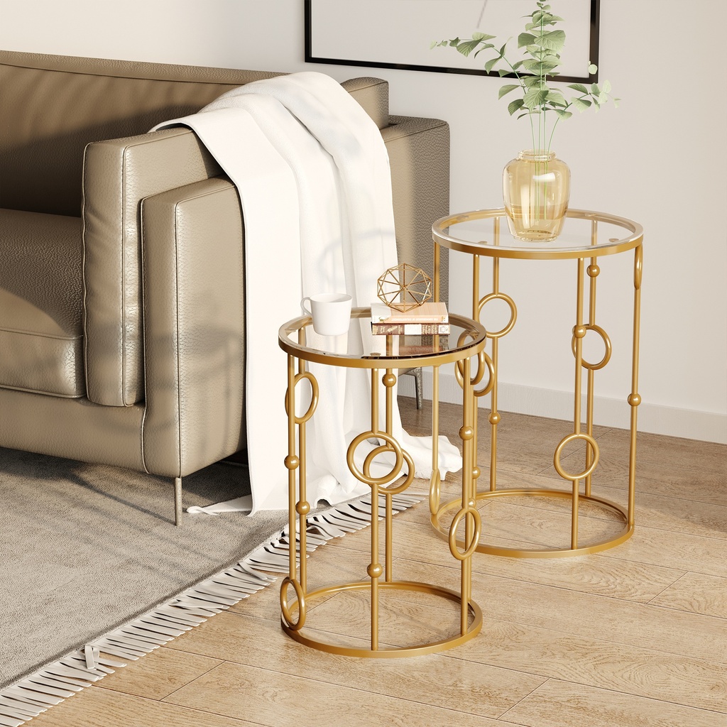 HOMCOM Round Coffee Tables Set of 2 Gold Steel Glass Top - Photo 4