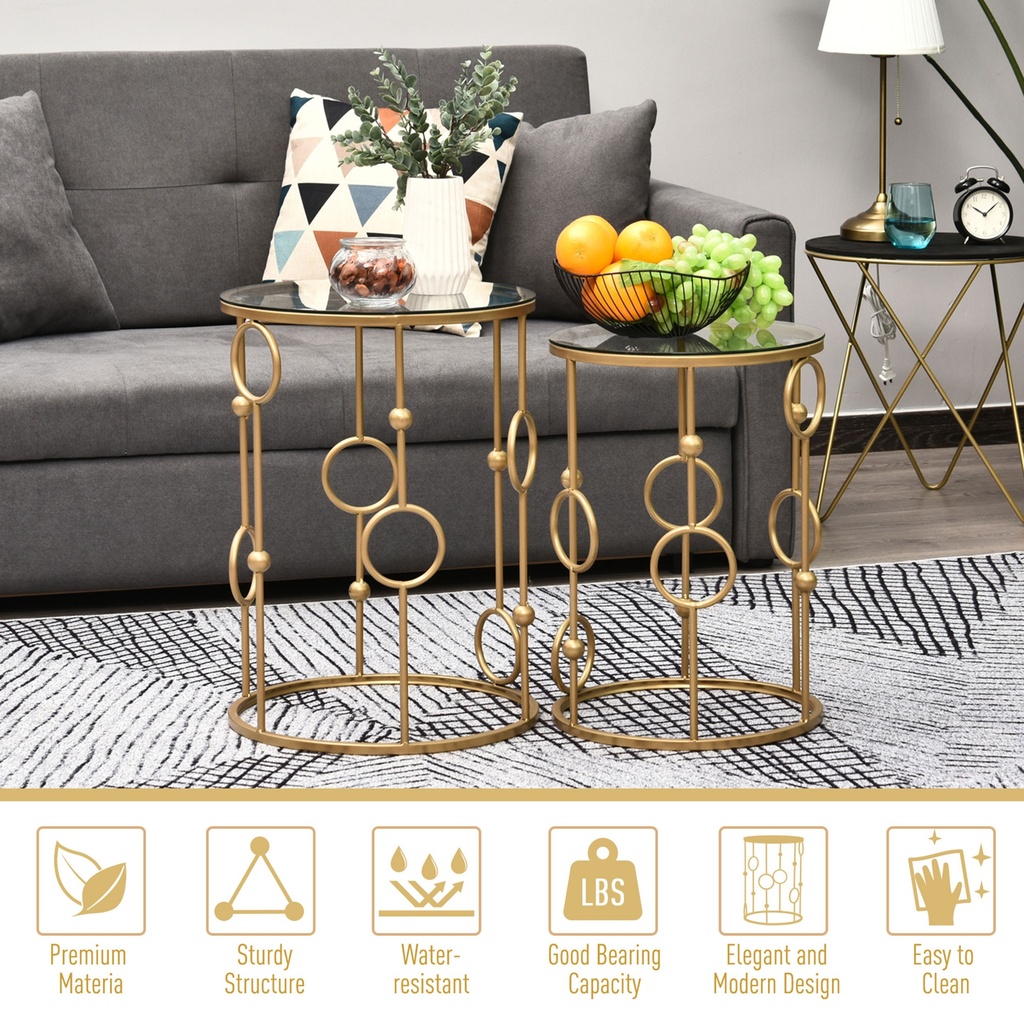 HOMCOM Round Coffee Tables Set of 2 Gold Steel Glass Top - Photo 5
