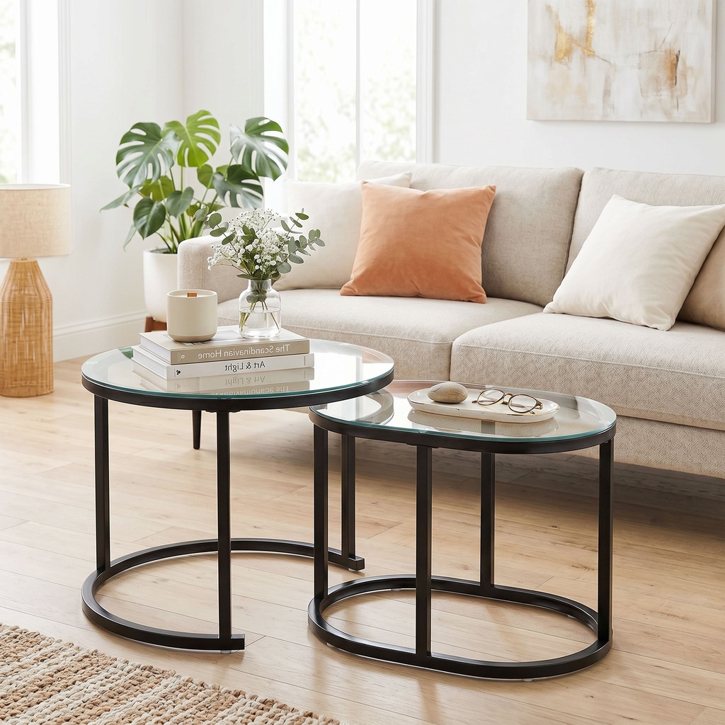 HOMCOM Nest of Tables Modern Steel Glass Set of 2 Black - Photo 2