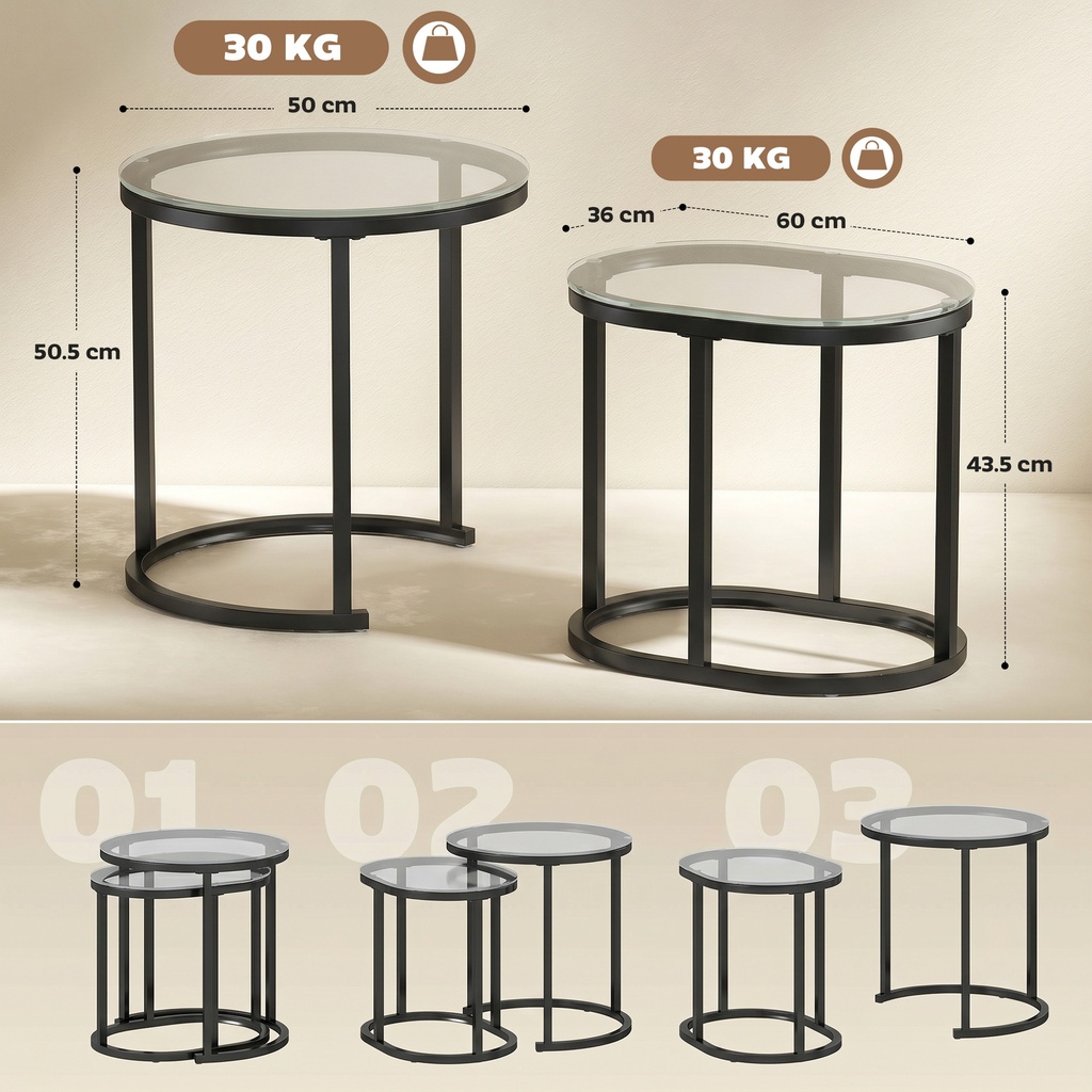 HOMCOM Nest of Tables Modern Steel Glass Set of 2 Black - Photo 3