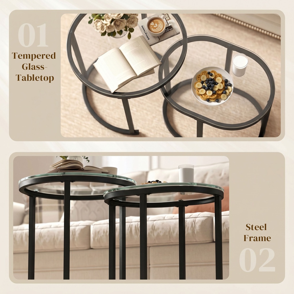 HOMCOM Nest of Tables Modern Steel Glass Set of 2 Black - Photo 5