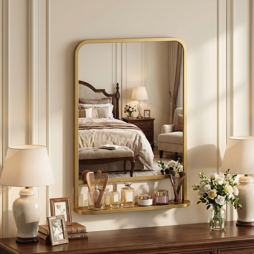 Wall Mirror with Storage Shelf 70x50cm Gold image 2
