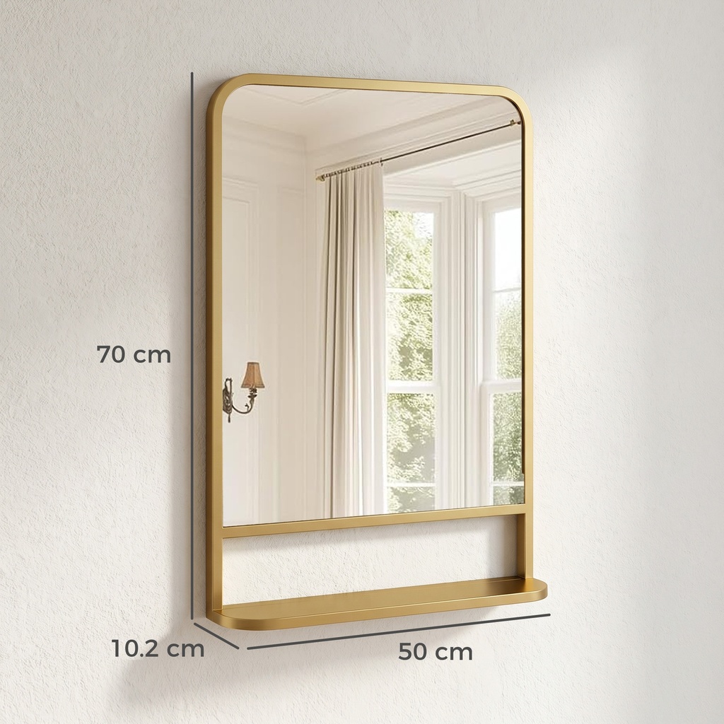 Wall Mirror with Storage Shelf 70x50cm Gold image 3