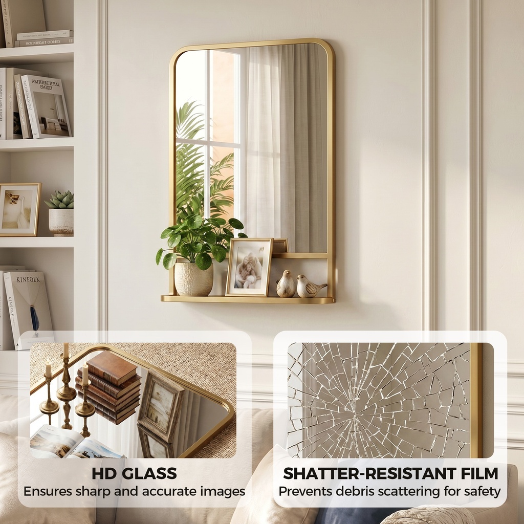 Wall Mirror with Storage Shelf 70x50cm Gold image 4
