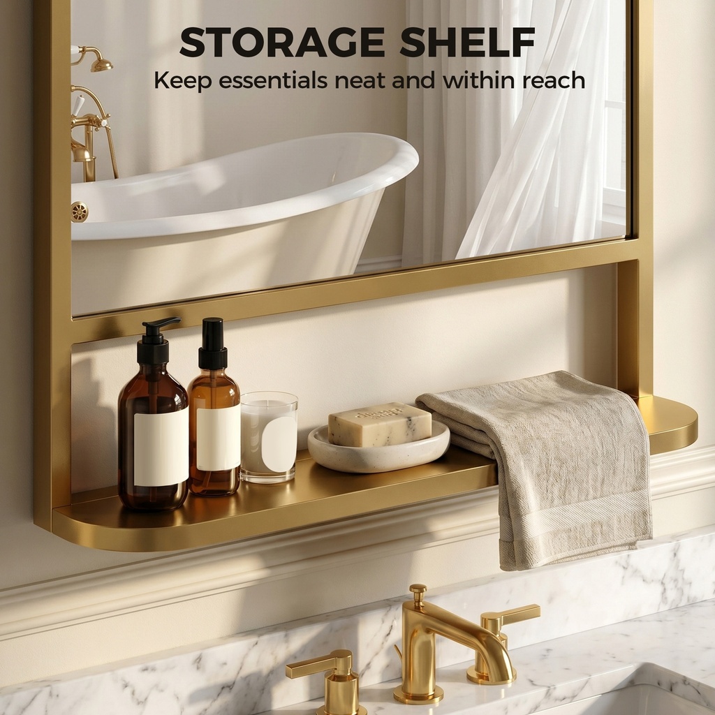 Wall Mirror with Storage Shelf 70x50cm Gold image 5