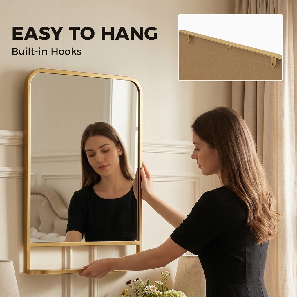 Wall Mirror with Storage Shelf 70x50cm Gold image 6