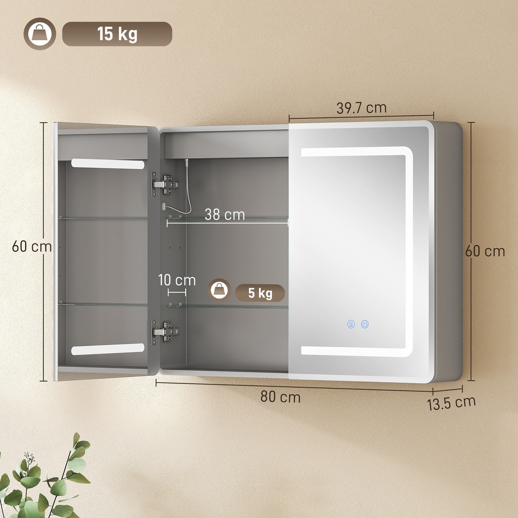 LED Mirrored Bathroom Cabinet Anti-Fog 60x80cm image 3