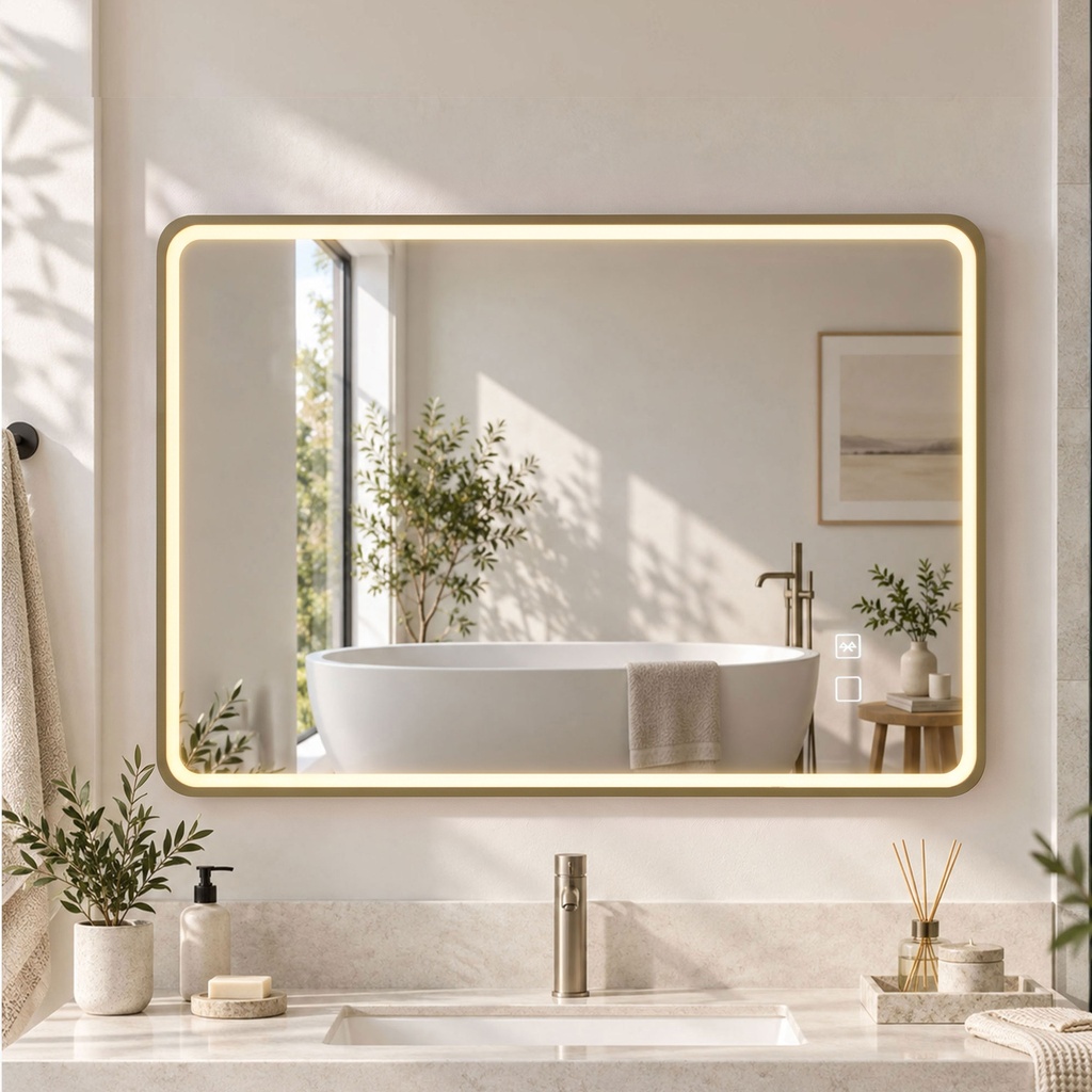 LED Bathroom Mirror Dimmable Anti-Fog Bluetooth 100x70cm Gold image 2