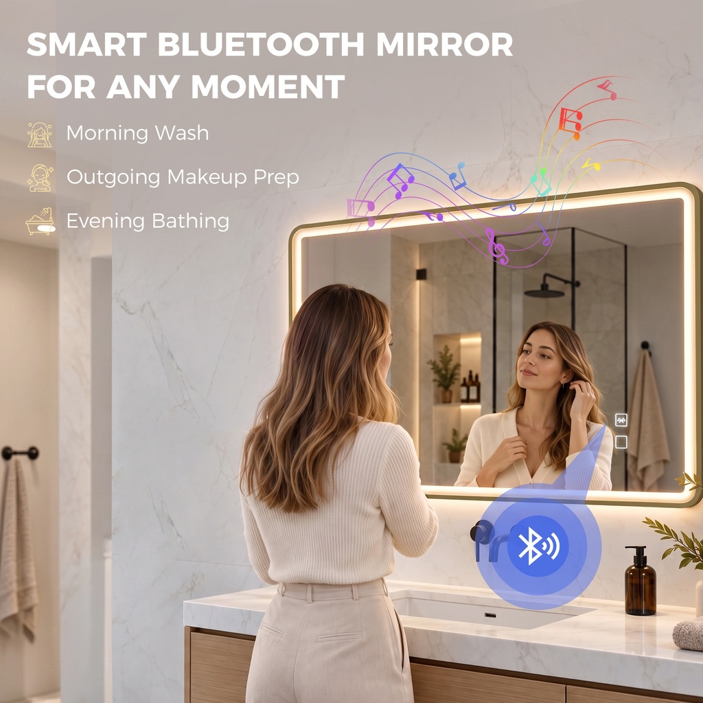 LED Bathroom Mirror Dimmable Anti-Fog Bluetooth 100x70cm Gold image 4