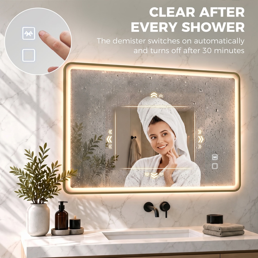 LED Bathroom Mirror Dimmable Anti-Fog Bluetooth 100x70cm Gold image 6
