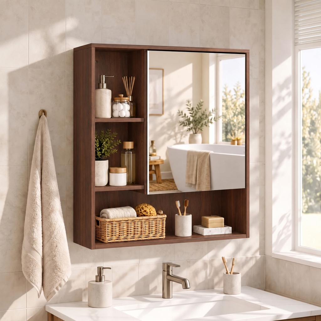 Mirror Cabinet Wall-Mounted Adjustable Shelves Walnut Brown image 2