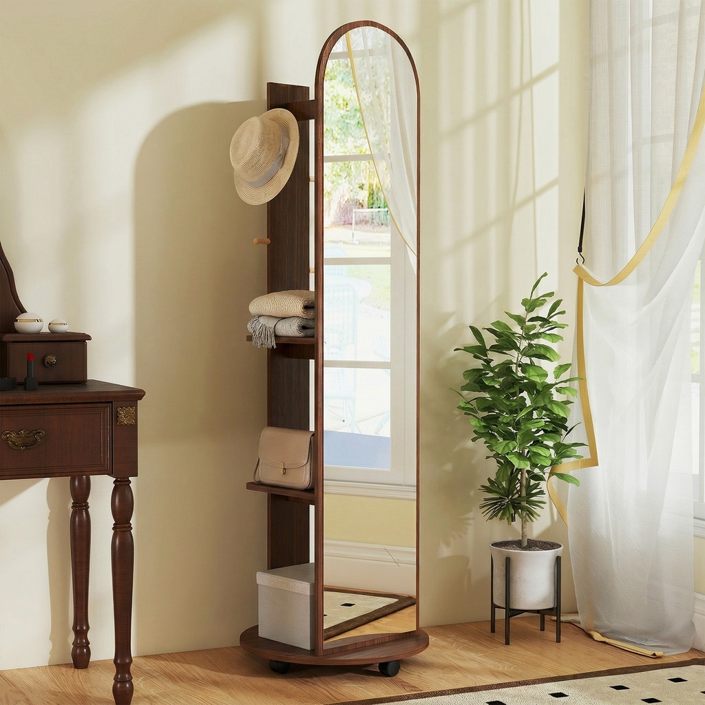 Full-Length Mirror Coat Rack Storage Shelves Wood Brown image 3