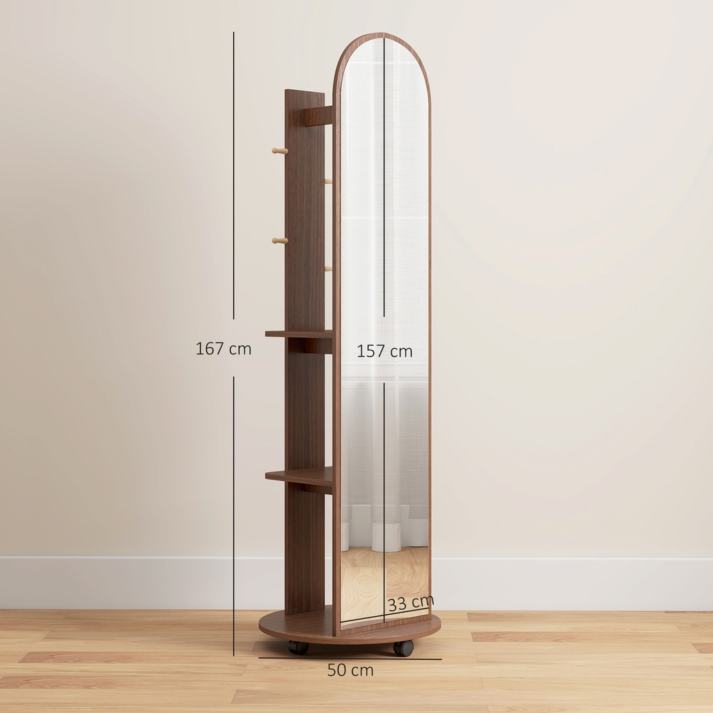 Full-Length Mirror Coat Rack Storage Shelves Wood Brown image 4