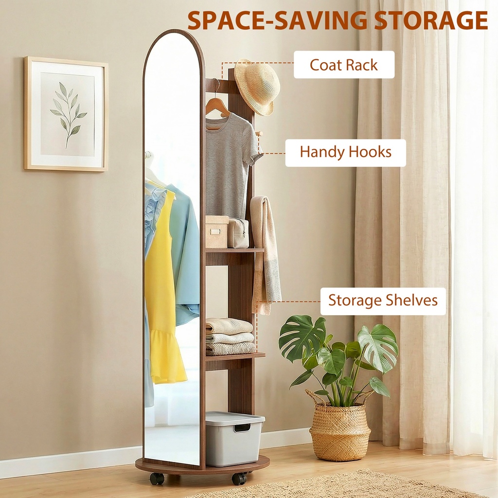 Full-Length Mirror Coat Rack Storage Shelves Wood Brown image 6