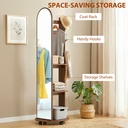 Full-Length Mirror Coat Rack Storage Shelves Wood Brown image 6