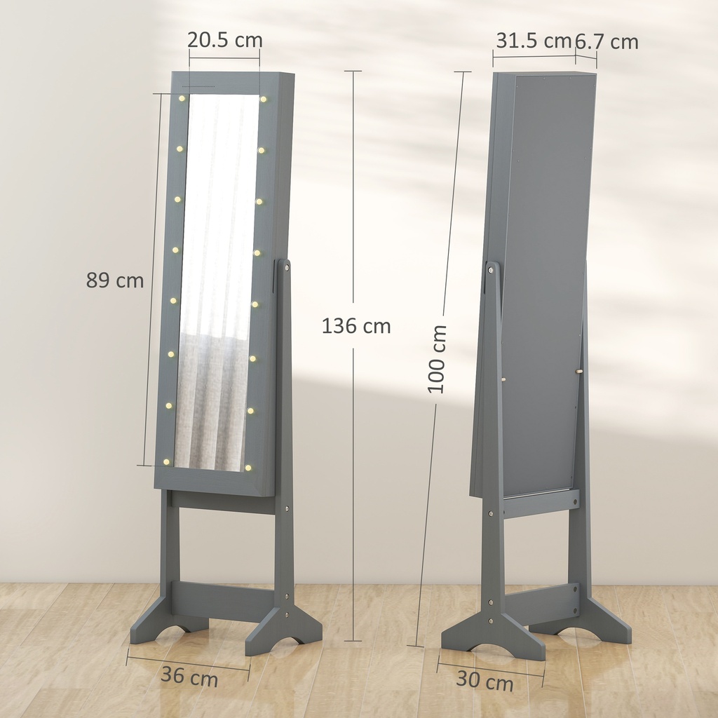 LED Jewellery Cabinet with Mirror Grey image 3