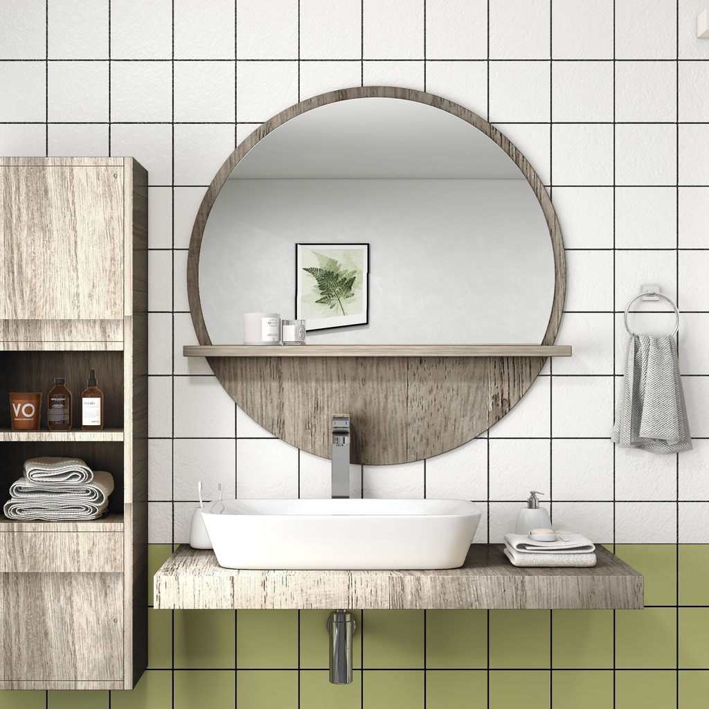 Kleankin 45cm Round Mirror with Shelf Grey Wood-Effect image 2